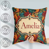 Custom Name Teal Orange Baroque Floral Swirl Seamless Pattern Square Filled Cushion Throw Pillow Sofa Bed Home Decor Zip Washable UK Made