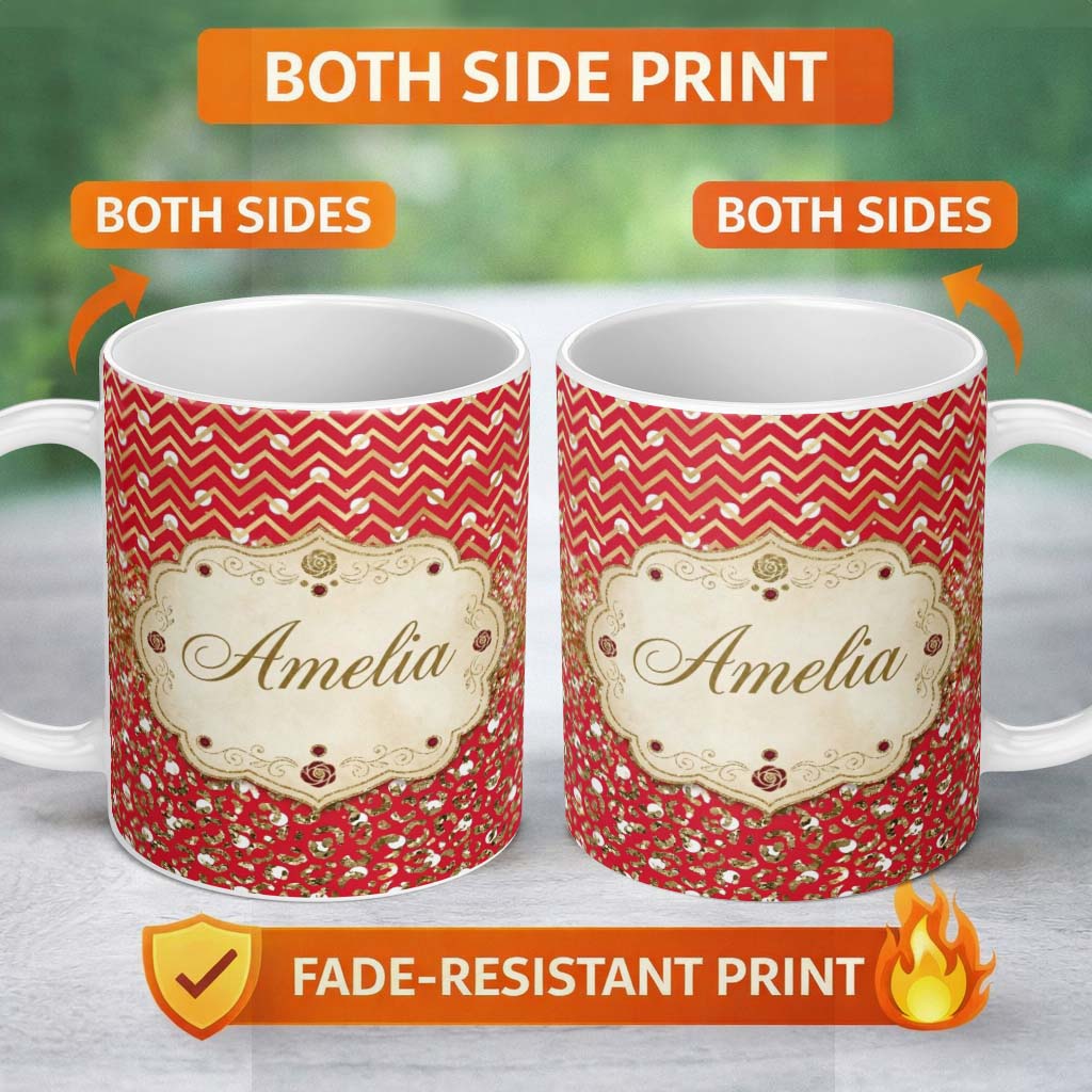 Personalized Custom Name Red Gold Chevron Glitter Leopard Seamless Pattern Design Bold Lovely 11oz Ceramic Coffee Tea Mug White Large Handle