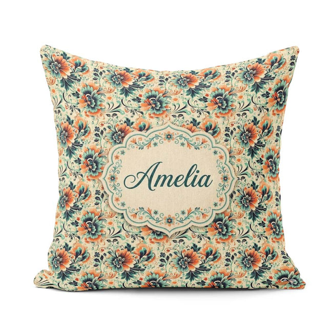Custom Name Teal Orange Floral Garden Seamless Pattern Beautiful Square Filled Cushion Throw Pillow Sofa Bed Home Decor Zip Washable UK Made