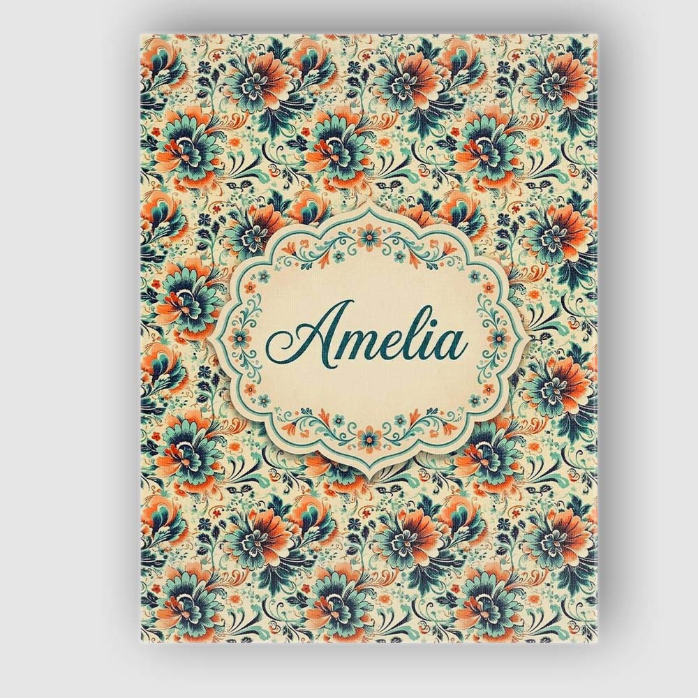 Personalised Name Teal Orange Floral Garden Custom  Bespoke Interior Contemporary Canvas Wall Art Print Decor Picture Ready to Hang