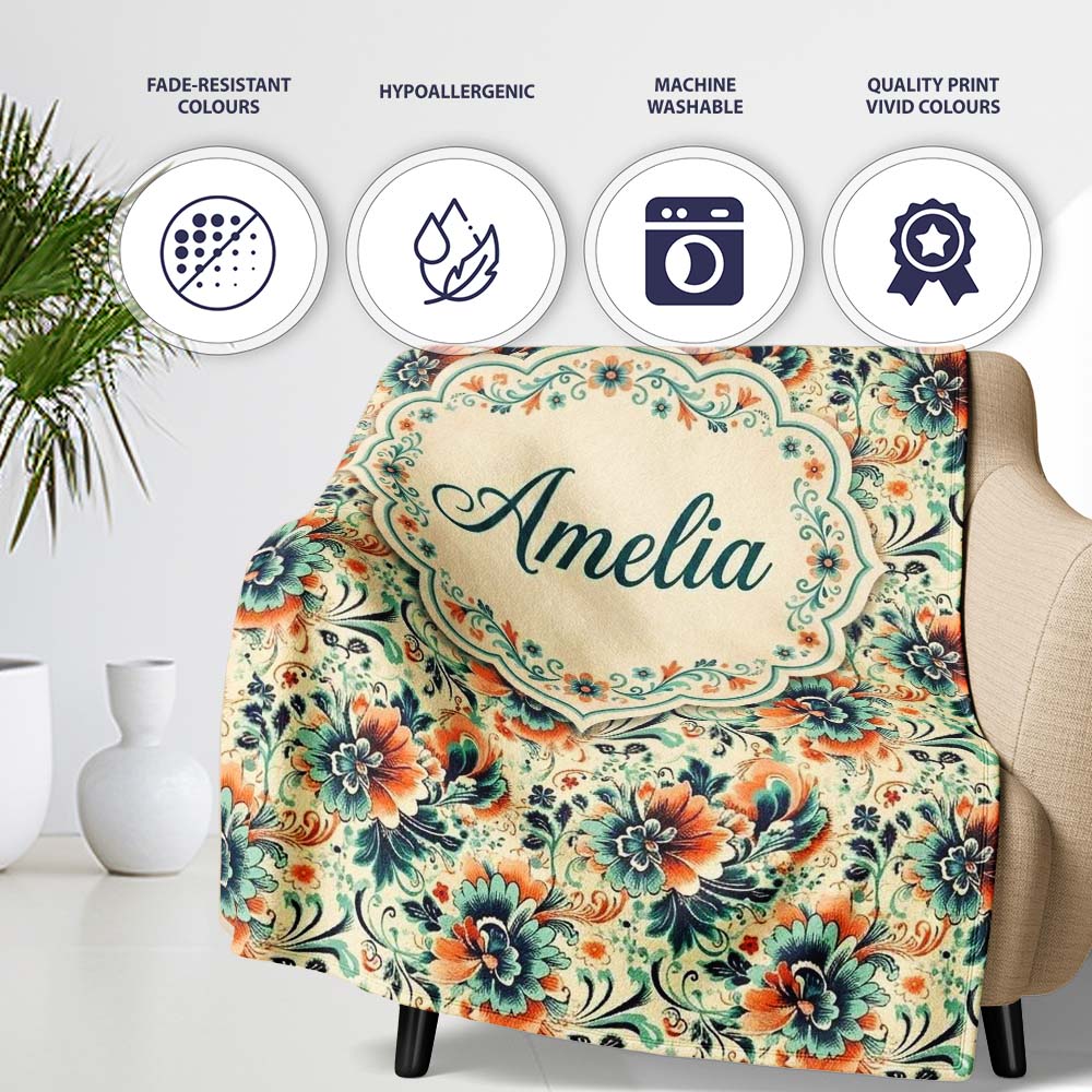 Teal Orange Floral Garden Seamless Pattern Beautiful Coffee Cup  Personalised Custom Name Super Soft Fleece Blanket Bed Sofa Throw