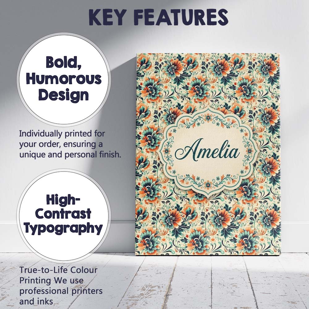 Personalised Name Teal Orange Floral Garden Custom  Bespoke Interior Contemporary Canvas Wall Art Print Decor Picture Ready to Hang