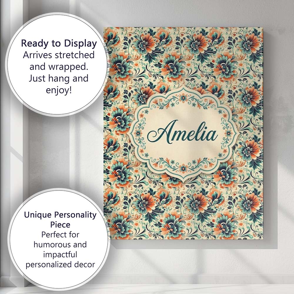 Personalised Name Teal Orange Floral Garden Custom  Bespoke Interior Contemporary Canvas Wall Art Print Decor Picture Ready to Hang