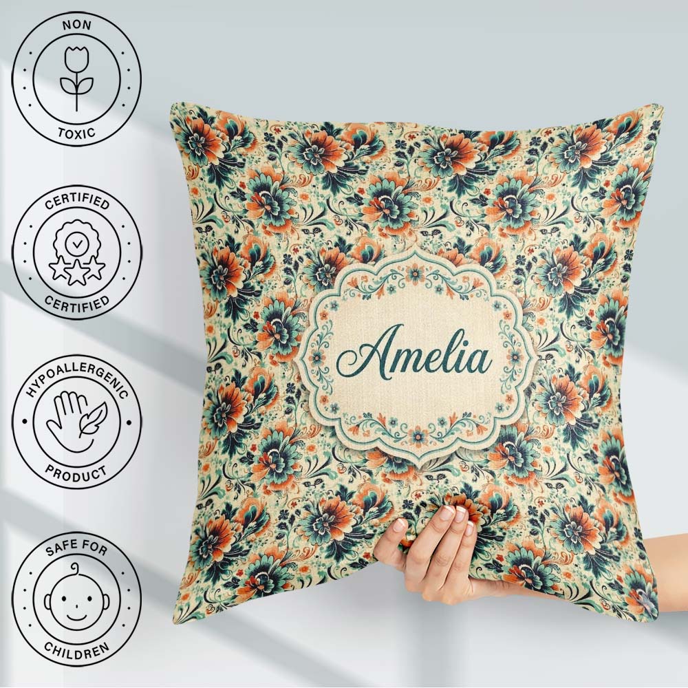 Custom Name Teal Orange Floral Garden Seamless Pattern Beautiful Square Filled Cushion Throw Pillow Sofa Bed Home Decor Zip Washable UK Made