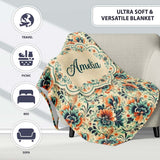 Teal Orange Floral Garden Seamless Pattern Beautiful Coffee Cup  Personalised Custom Name Super Soft Fleece Blanket Bed Sofa Throw
