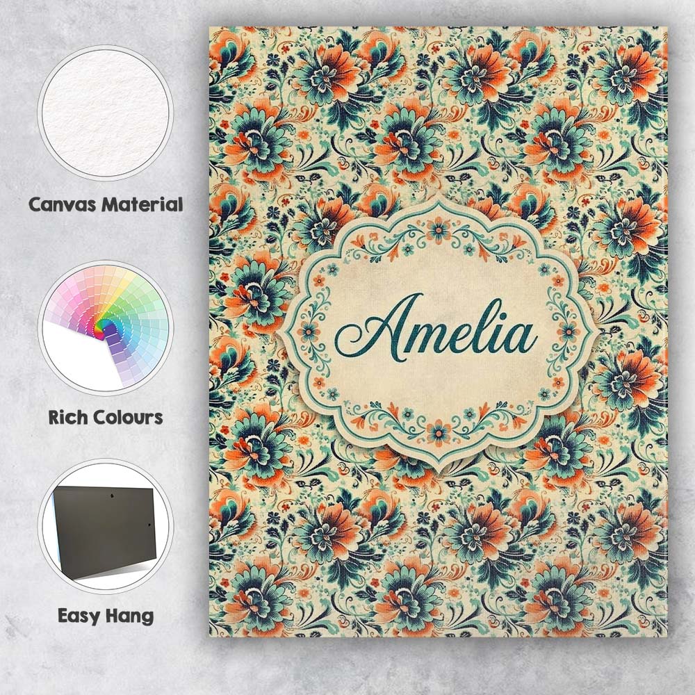 Personalised Name Teal Orange Floral Garden Custom  Bespoke Interior Contemporary Canvas Wall Art Print Decor Picture Ready to Hang