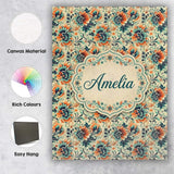 Personalised Name Teal Orange Floral Garden Custom  Bespoke Interior Contemporary Canvas Wall Art Print Decor Picture Ready to Hang