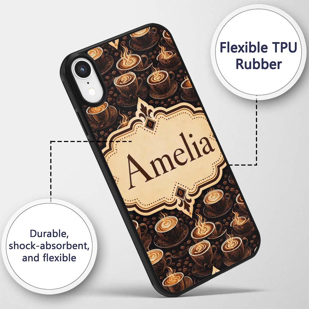 Coffee Cups Dark Roast Cafe Theme Printed Design Custom Name Protective Phone Case Mobile Cover Durable Everyday Smartphone Shock Resistant