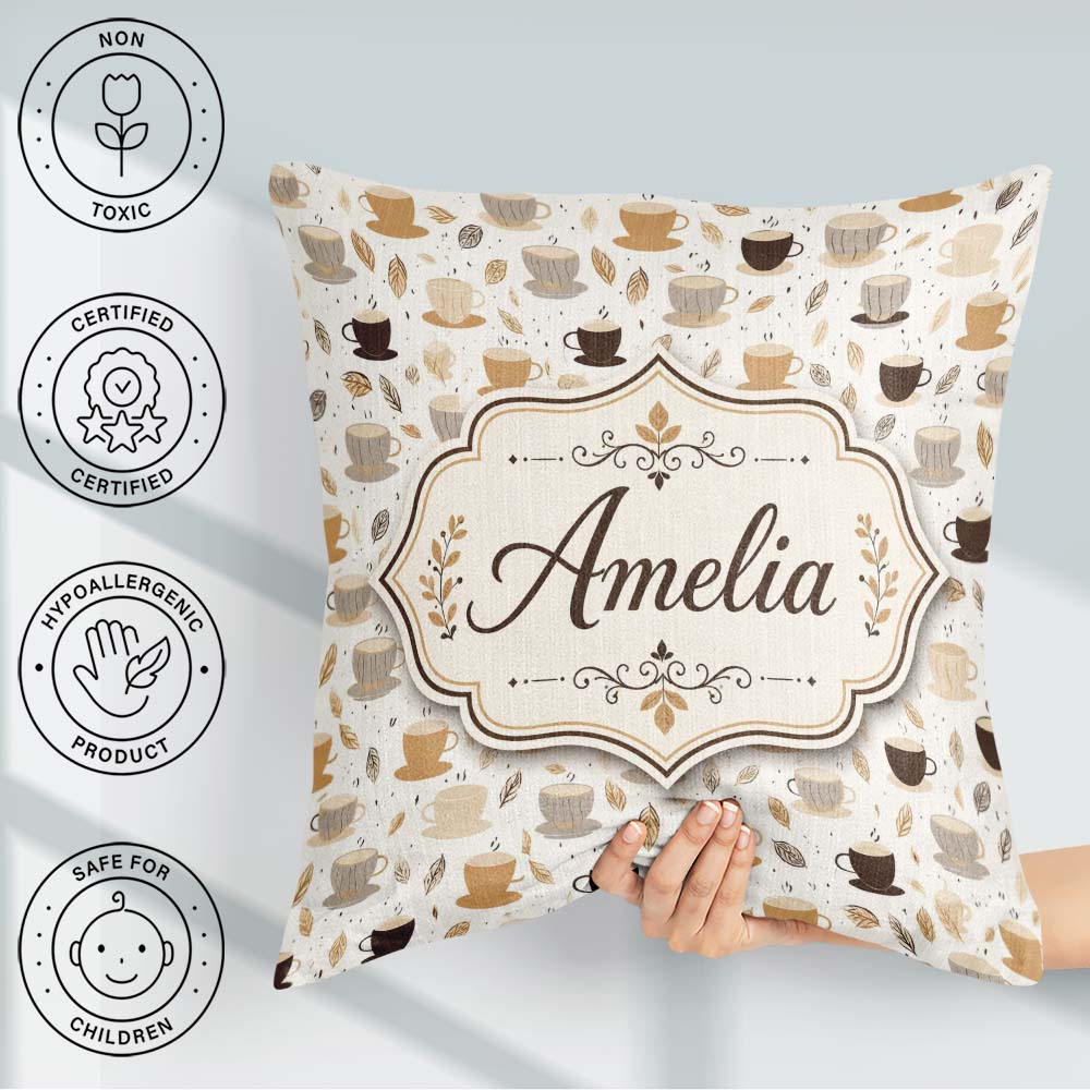 Custom Name Minimal Coffee Cups and Leaves Neutral Tone Seamless Square Filled Cushion Throw Pillow Sofa Bed Home Decor Zip Washable UK Made