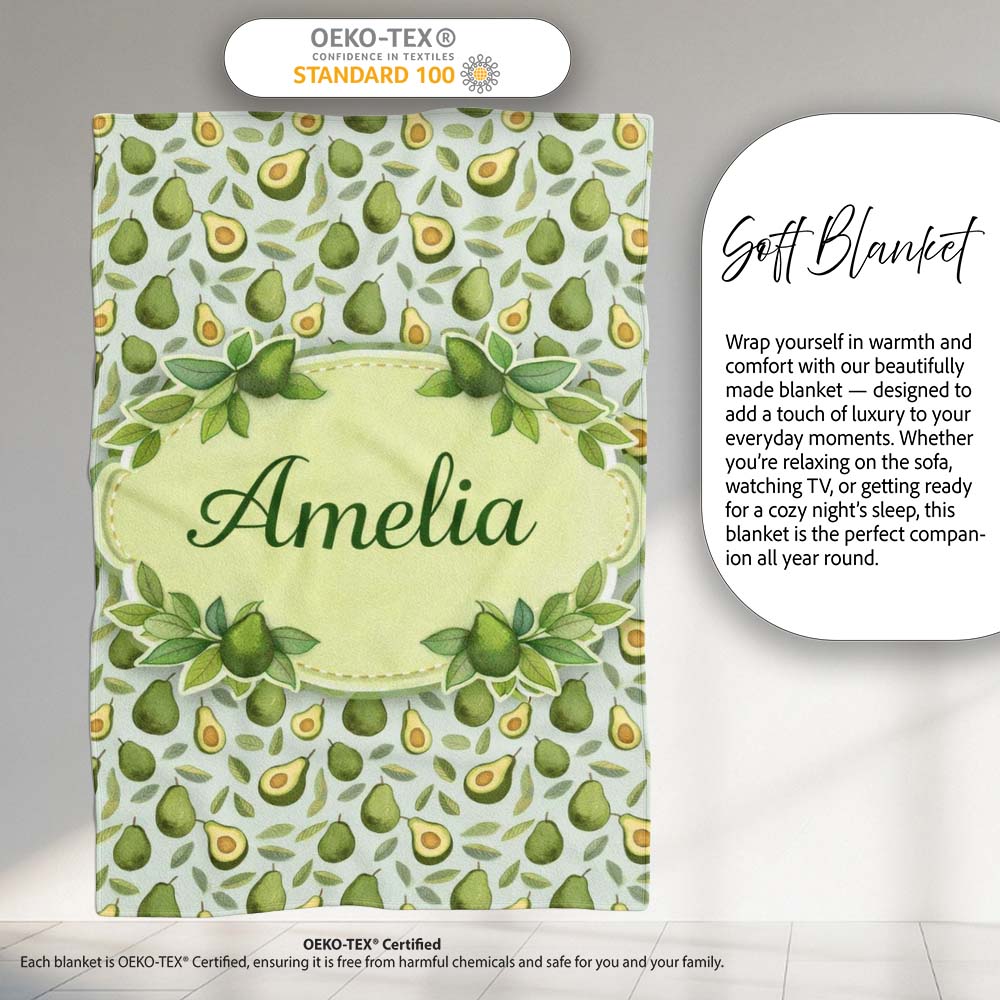Green Avocado Pear Seamless Pattern Bright Botanical Fruit Lovely  Personalised Custom Name Super Soft Fleece Blanket Bed Sofa Throw