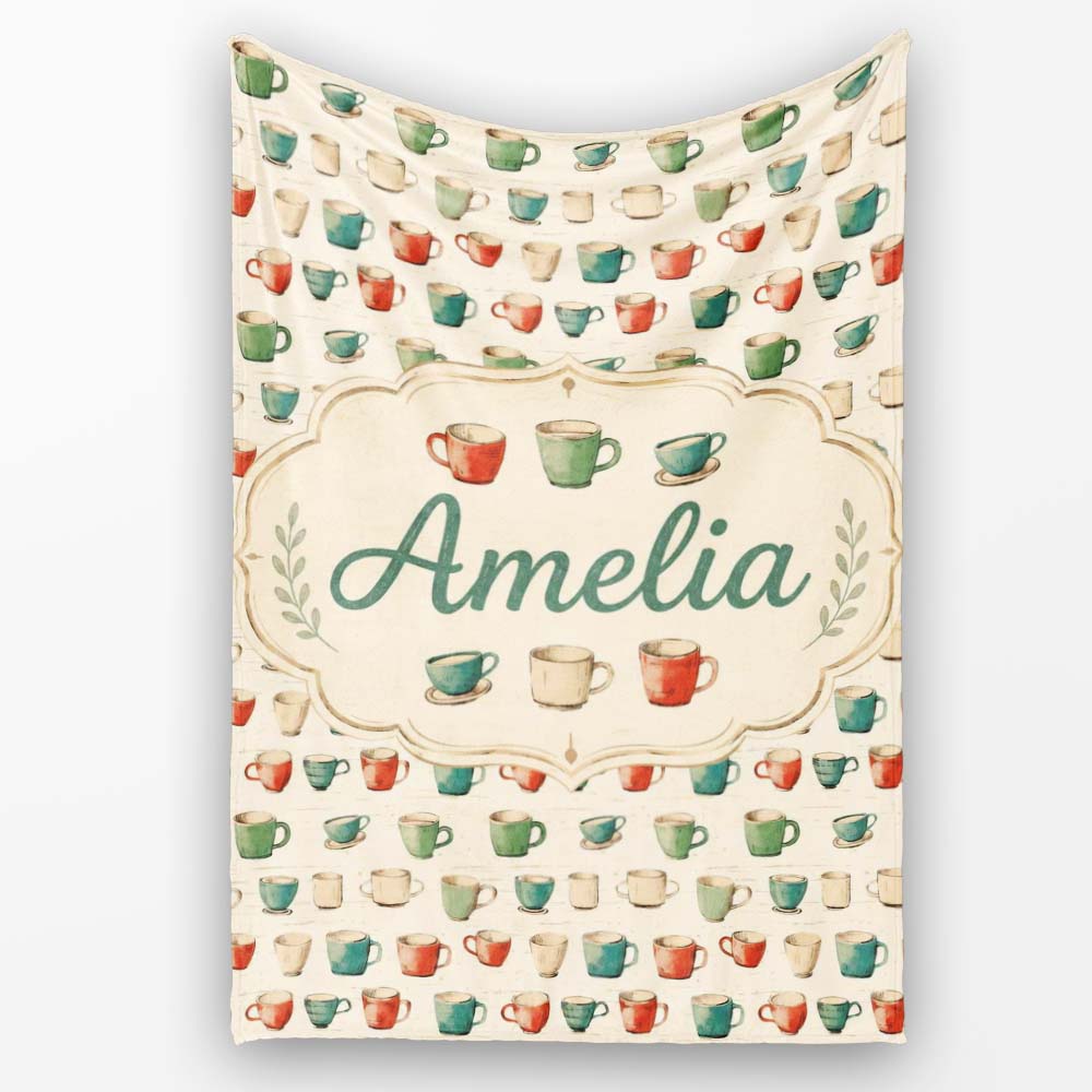 Rustic Hand Drawn Coffee Cups Vintage Style Seamless Pattern Lovely  Personalised Custom Name Super Soft Fleece Blanket Bed Sofa Throw