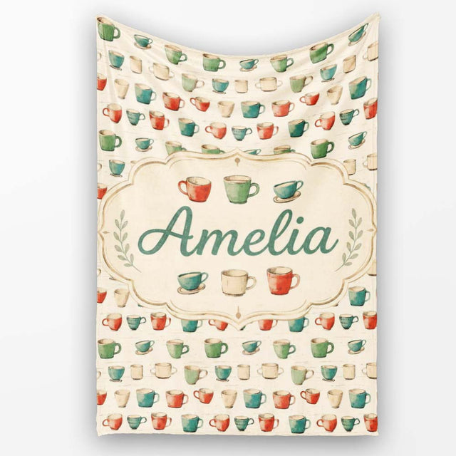 Rustic Hand Drawn Coffee Cups Vintage Style Seamless Pattern Lovely  Personalised Custom Name Super Soft Fleece Blanket Bed Sofa Throw
