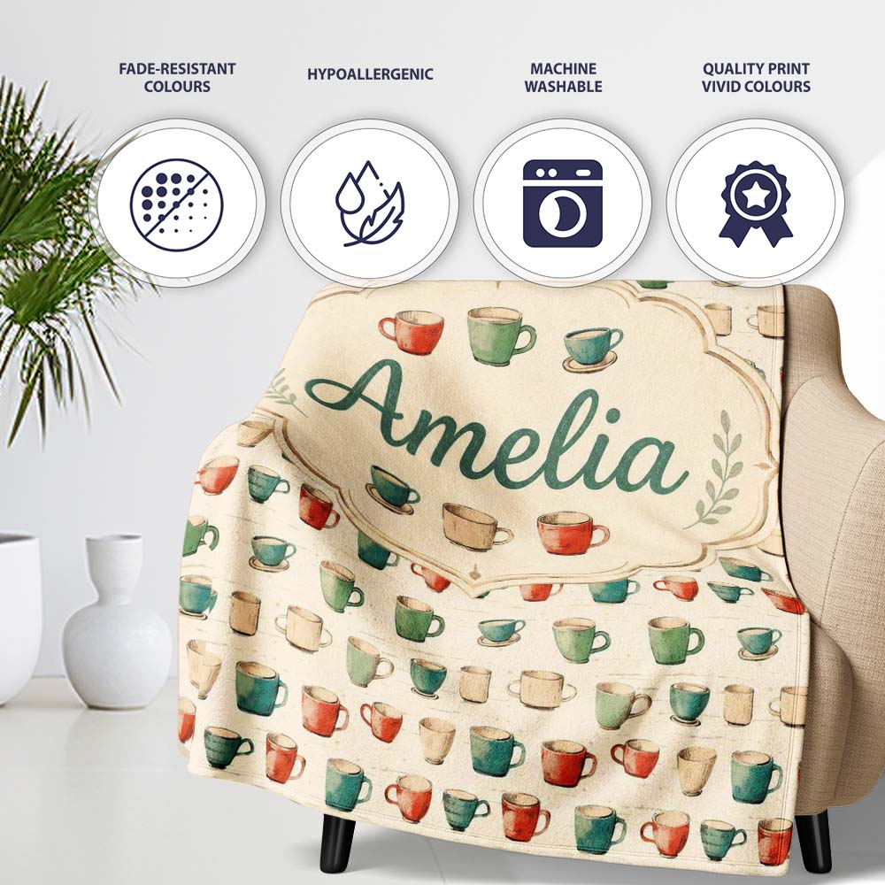 Rustic Hand Drawn Coffee Cups Vintage Style Seamless Pattern Lovely  Personalised Custom Name Super Soft Fleece Blanket Bed Sofa Throw