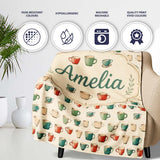Rustic Hand Drawn Coffee Cups Vintage Style Seamless Pattern Lovely  Personalised Custom Name Super Soft Fleece Blanket Bed Sofa Throw