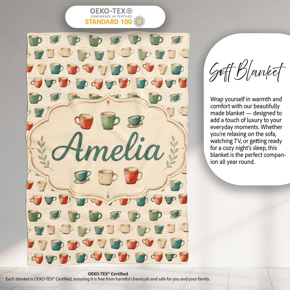 Rustic Hand Drawn Coffee Cups Vintage Style Seamless Pattern Lovely  Personalised Custom Name Super Soft Fleece Blanket Bed Sofa Throw