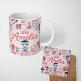 Personalized Custom Name Cute Kawaii Graduate Boy Science Art Supplies Seamless Pattern Pink 11oz Ceramic Coffee Tea Mug White Large Handle