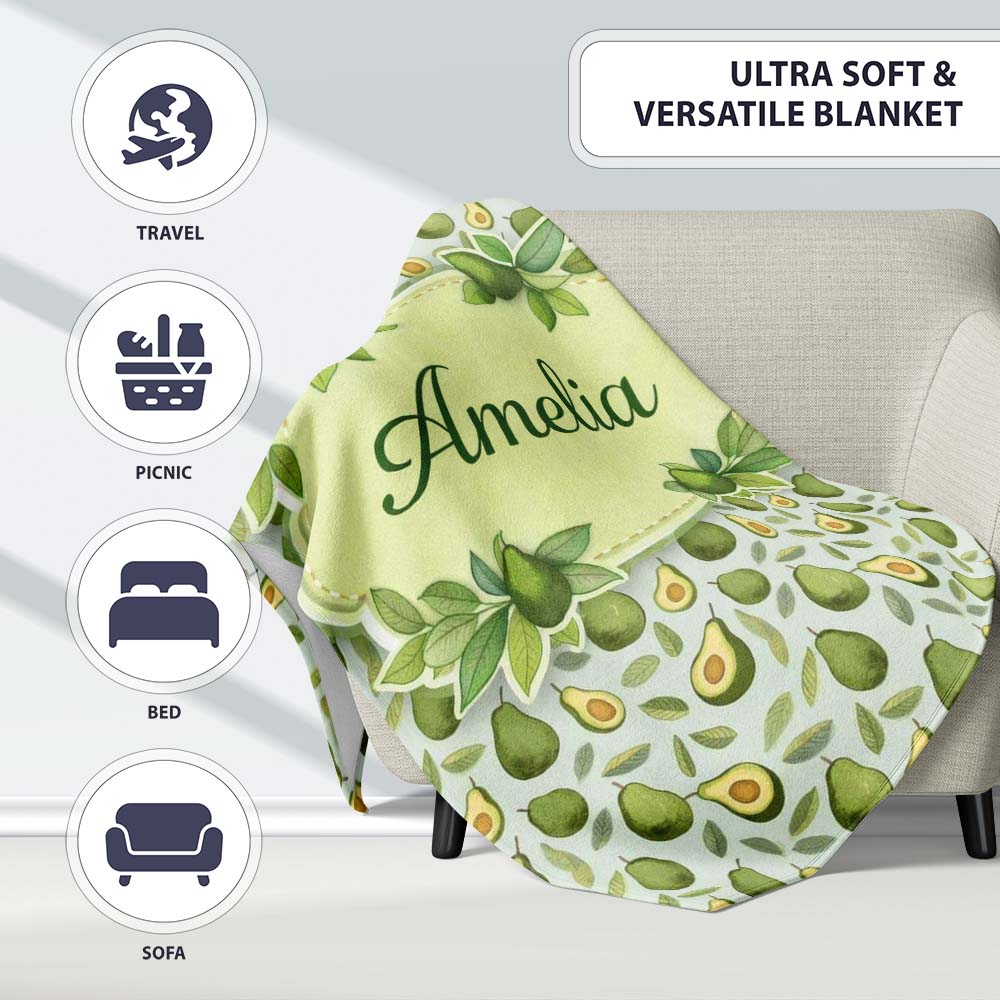Green Avocado Pear Seamless Pattern Bright Botanical Fruit Lovely  Personalised Custom Name Super Soft Fleece Blanket Bed Sofa Throw