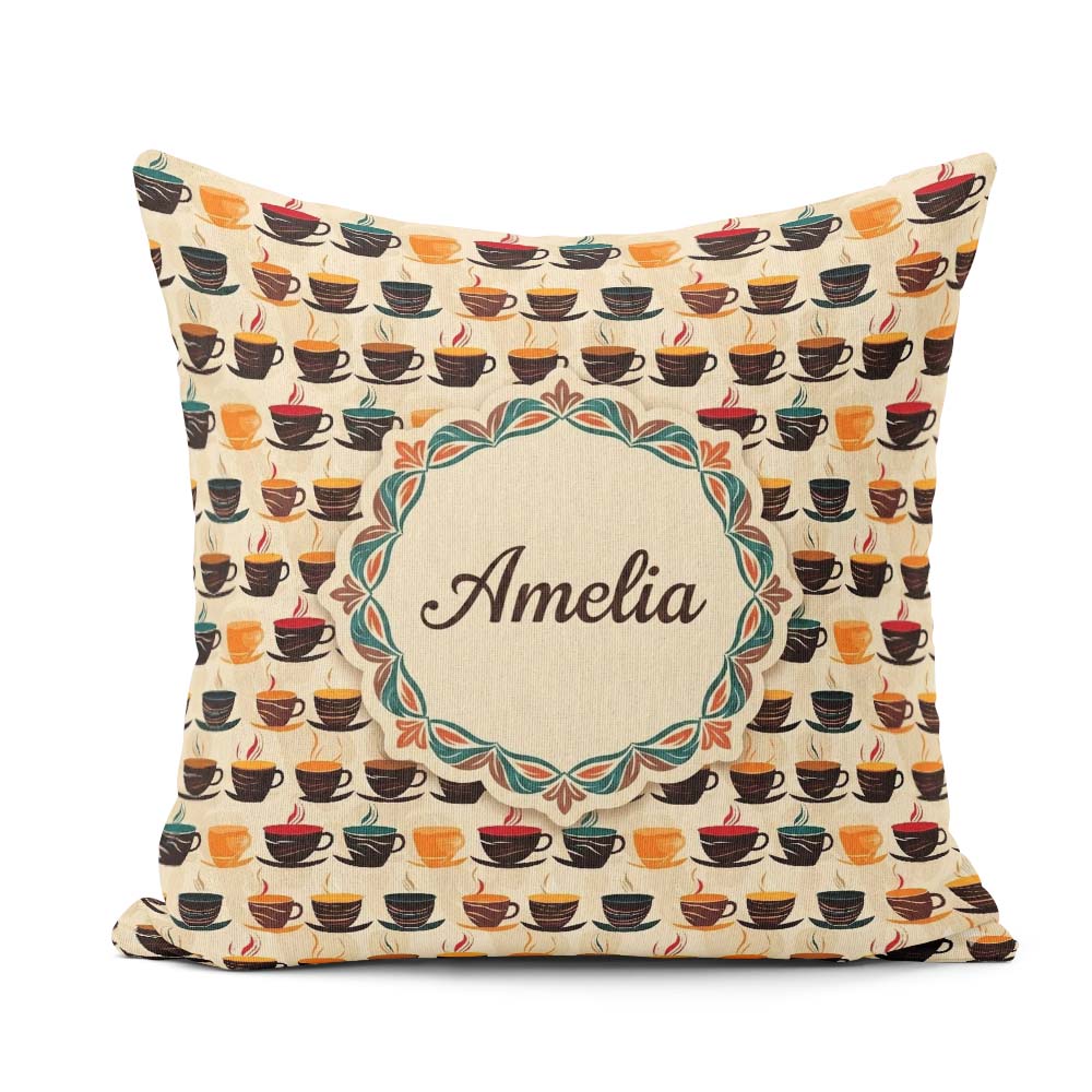 Custom Name Modern Colorful Coffee Cups Pattern Seamless Pattern Square Filled Cushion Throw Pillow Sofa Bed Home Decor Zip Washable UK Made