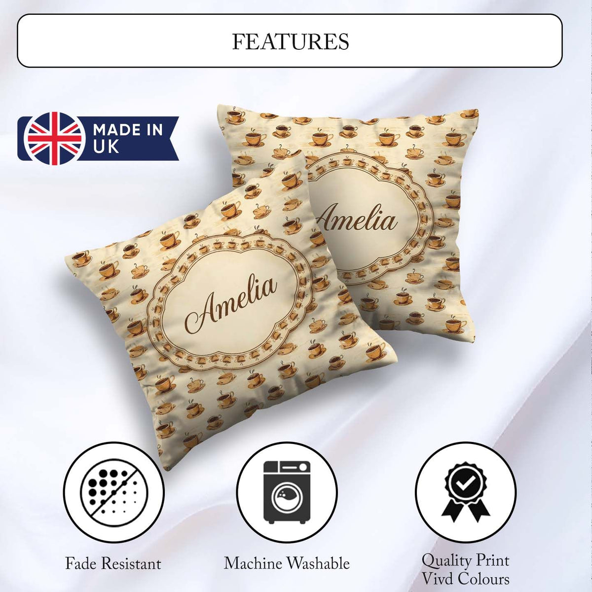 Custom Name Classic Coffee Cup Beige Background Seamless Pattern Square Filled Cushion Throw Pillow Sofa Bed Home Decor Zip Washable UK Made