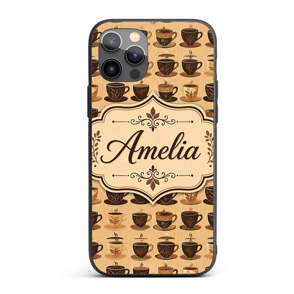 Brown Coffee Cup Style Seamless Printed Design Custom Name Protective Phone Case Mobile Cover Durable Everyday Smartphone Shock Resistant