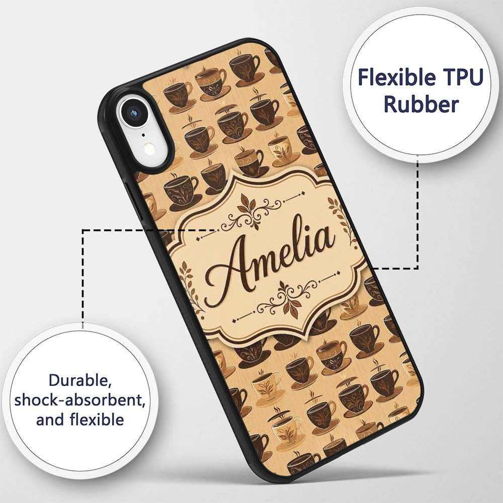 Brown Coffee Cup Style Seamless Printed Design Custom Name Protective Phone Case Mobile Cover Durable Everyday Smartphone Shock Resistant