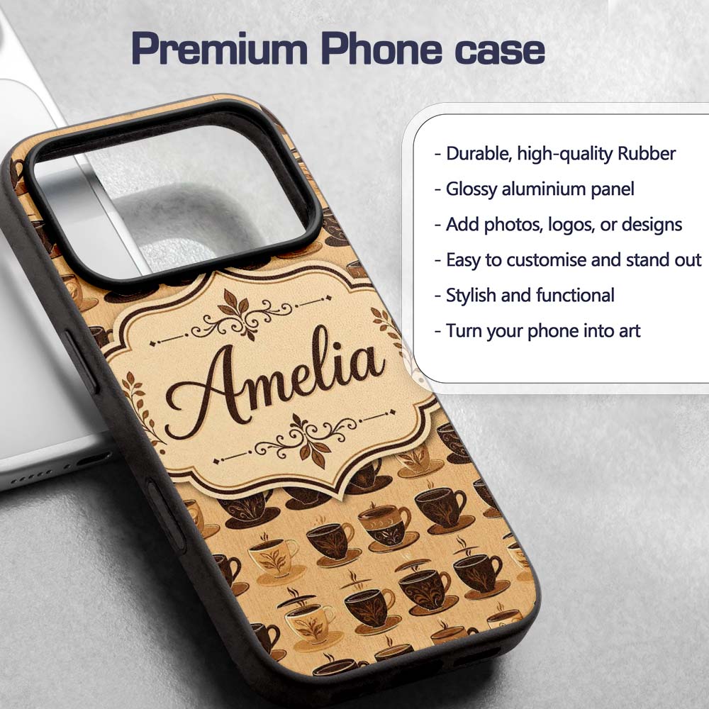 Brown Coffee Cup Style Seamless Printed Design Custom Name Protective Phone Case Mobile Cover Durable Everyday Smartphone Shock Resistant