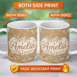 Personalized Custom Name Cute Safari Animals Lion Giraffe Zebra Elephant Pattern Cream Lovely 11oz Ceramic Coffee Tea Mug White Large Handle