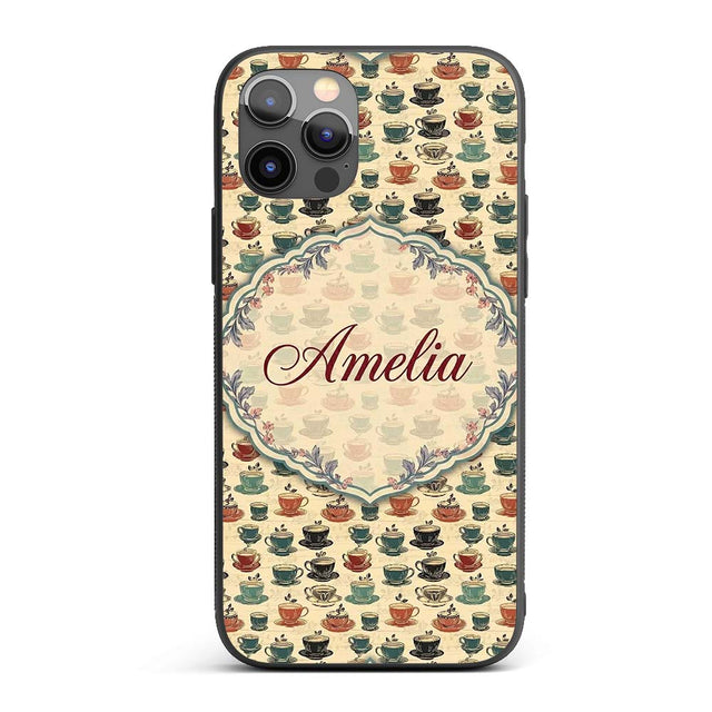 Vintage Coffee Cups Illustration Seamless Pattern Custom Name Protective Phone Case Mobile Cover Durable Everyday Smartphone Shock Resistant