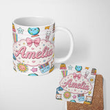Personalized Custom Name Cute Kawaii School Cat Books Stationery Seamless Pattern Pink Lines 11oz Ceramic Coffee Tea Mug White Large Handle