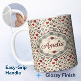 Personalized Custom Name Vintage Gothic Hearts Skulls and Roses Tattoo Style Seamless Pattern 11oz Ceramic Coffee Tea Mug White Large Handle