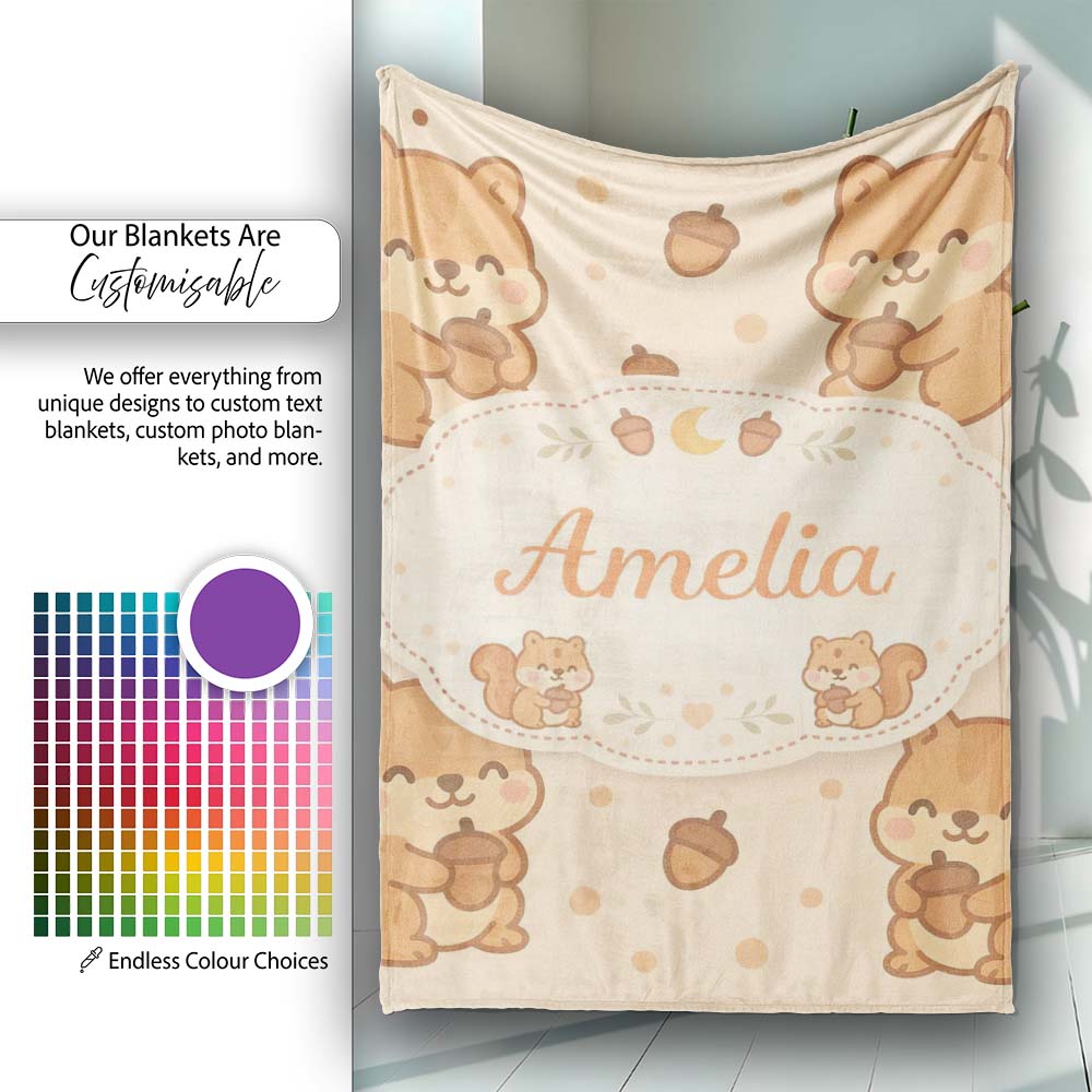 Cute Squirrel Acorn Cartoon Animal Pattern Perfect Gift for Her  Personalised Custom Name Super Soft Fleece Blanket Bed Sofa Throw