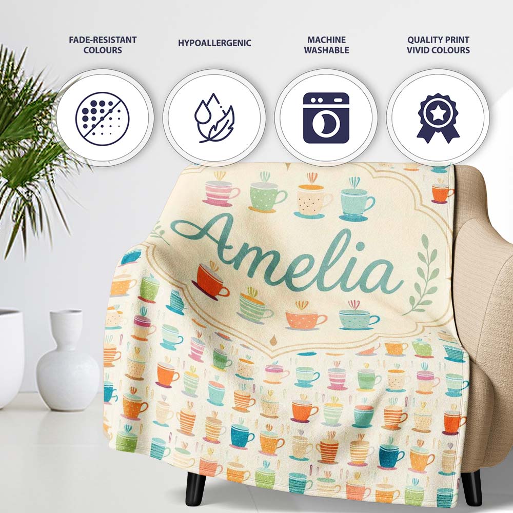 Colorful Coffee Cups Bright Fun Seamless Pattern Cute Unique Gift  Personalised Custom Name Super Soft Fleece Blanket Bed Sofa Throw