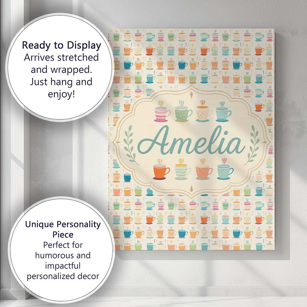 Personalised Name Colorful Coffee Cups Custom  Modern Room Accent Elegant Feature Canvas Wall Art Print Decor Picture Ready to Hang