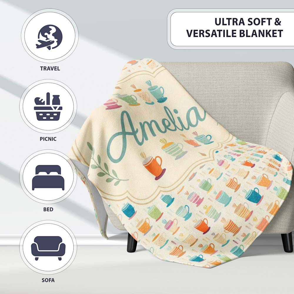 Colorful Coffee Cups Bright Fun Seamless Pattern Cute Unique Gift  Personalised Custom Name Super Soft Fleece Blanket Bed Sofa Throw