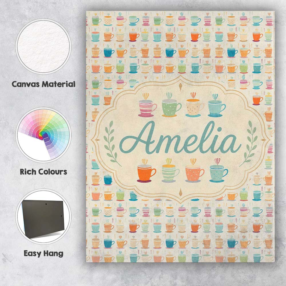 Personalised Name Colorful Coffee Cups Custom  Modern Room Accent Elegant Feature Canvas Wall Art Print Decor Picture Ready to Hang