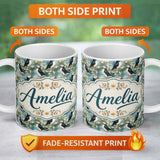 Personalized Custom Name Soft Painterly Puffin Birds with Daisy Field Seamless Pattern Lovely 11oz Ceramic Coffee Tea Mug White Large Handle