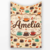 Autumn Coffee Cups with Falling Leaves Seamless Pattern Lovely  Personalised Custom Name Super Soft Fleece Blanket Bed Sofa Throw