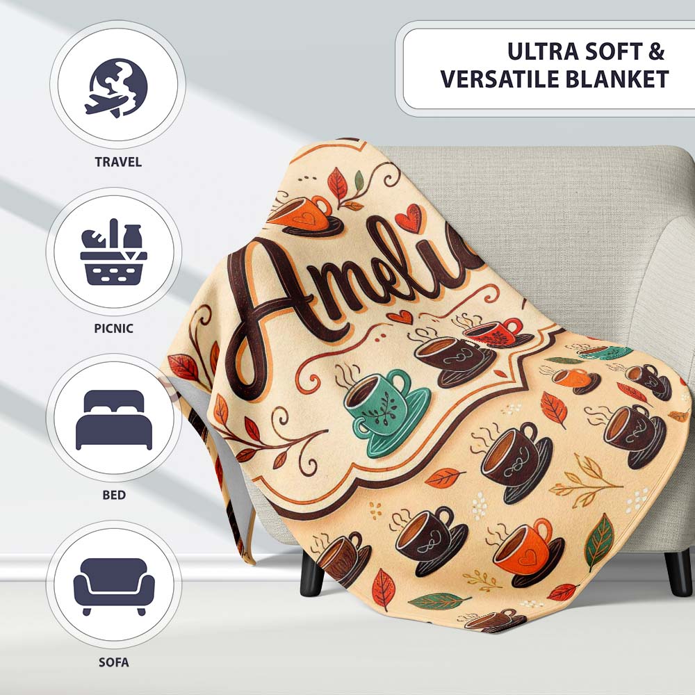 Autumn Coffee Cups with Falling Leaves Seamless Pattern Lovely  Personalised Custom Name Super Soft Fleece Blanket Bed Sofa Throw