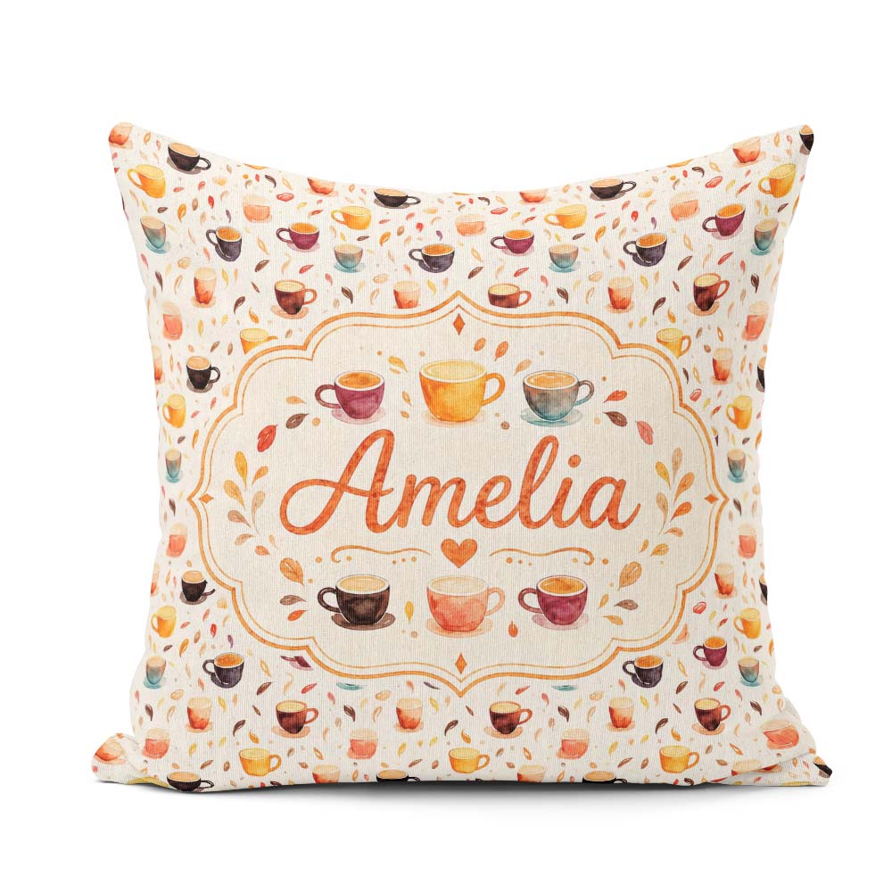 Custom Name Watercolor Cups and Beans Soft Autumn Tones Seamless Square Filled Cushion Throw Pillow Sofa Bed Home Decor Zip Washable UK Made