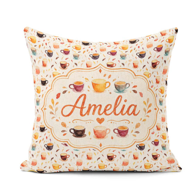 Custom Name Watercolor Cups and Beans Soft Autumn Tones Seamless Square Filled Cushion Throw Pillow Sofa Bed Home Decor Zip Washable UK Made