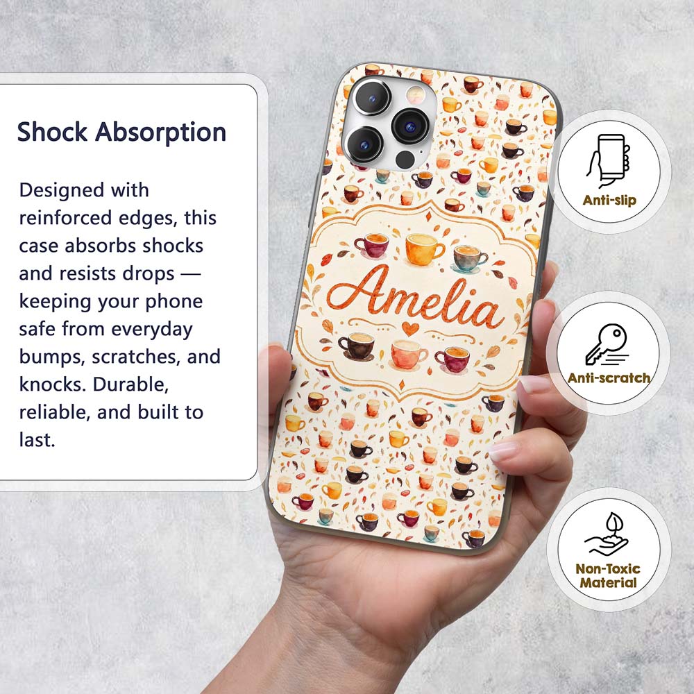 Watercolor Coffee Cups and Beans Soft Autumn Custom Name Protective Phone Case Mobile Cover Durable Everyday Smartphone Shock Resistant