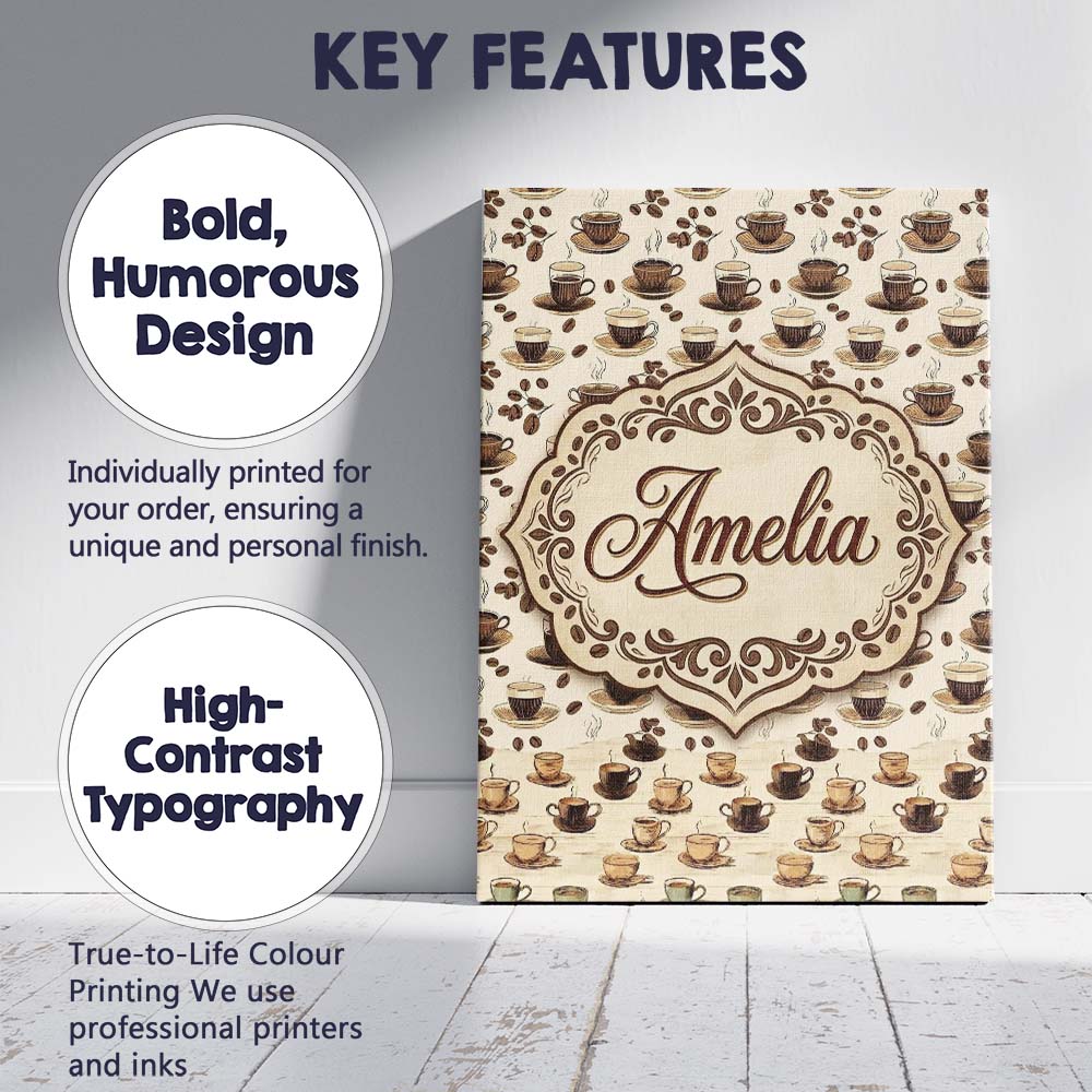 Personalised Name Coffee Cups and Beans Custom  Modern Room Accent Elegant Feature Canvas Wall Art Print Decor Picture Ready to Hang