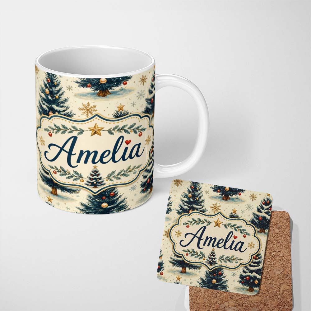 Personalized Custom Name Watercolor Snowy Christmas Trees with Gold Snowflakes Seamless 11oz Ceramic Coffee Tea Mug White Large Handle
