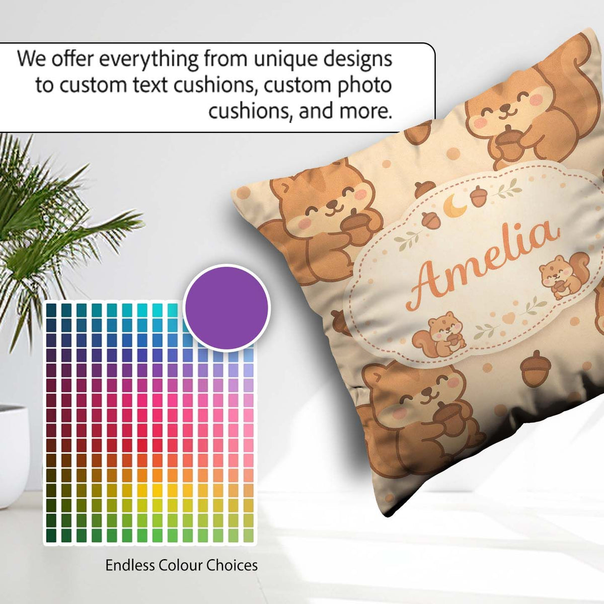 Custom Name Cute Squirrel Acorn Cartoon Animal Pattern for Her Square Filled Cushion Throw Pillow Sofa Bed Home Decor Zip Washable UK Made