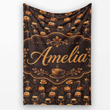 Dark Coffee Cups Rich Espresso Theme Seamless Pattern Lovely  Personalised Custom Name Super Soft Fleece Blanket Bed Sofa Throw