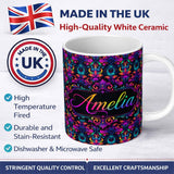 Personalized Custom Name Vibrant Neon Baroque Floral Damask Seamless Pattern Cute Unique Gift 11oz Ceramic Coffee Tea Mug White Large Handle