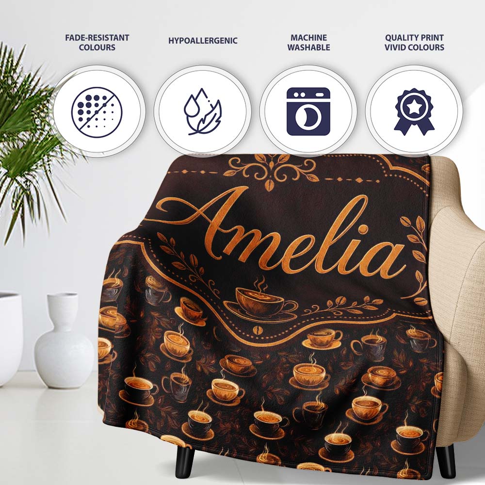 Dark Coffee Cups Rich Espresso Theme Seamless Pattern Lovely  Personalised Custom Name Super Soft Fleece Blanket Bed Sofa Throw