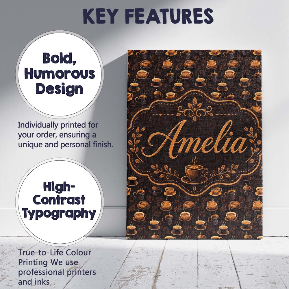 Personalised Name Dark Coffee Cups Rich Custom  Modern Room Accent Elegant Feature Canvas Wall Art Print Decor Picture Ready to Hang