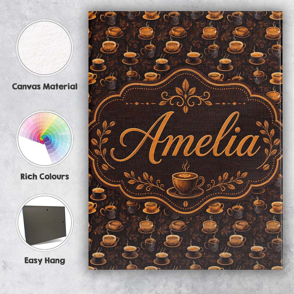 Personalised Name Dark Coffee Cups Rich Custom  Modern Room Accent Elegant Feature Canvas Wall Art Print Decor Picture Ready to Hang