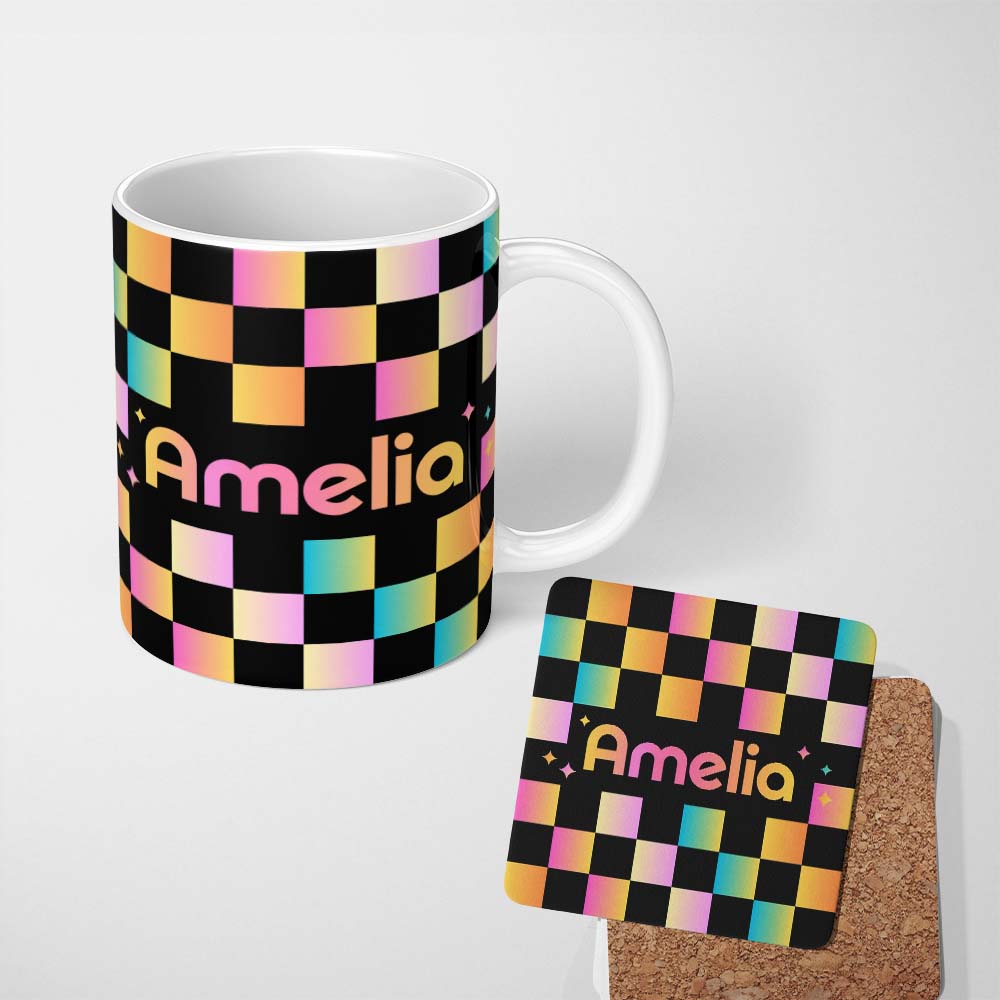 Personalized Custom Name Abstract Gradient Checkerboard Modern Seamless Pattern Lovely 11oz Ceramic Coffee Tea Mug White Large Handle